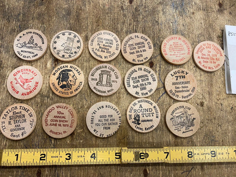 Wooden Nickle Collection Lot Vecturist cinci Montreal Shenang Election Coin Club