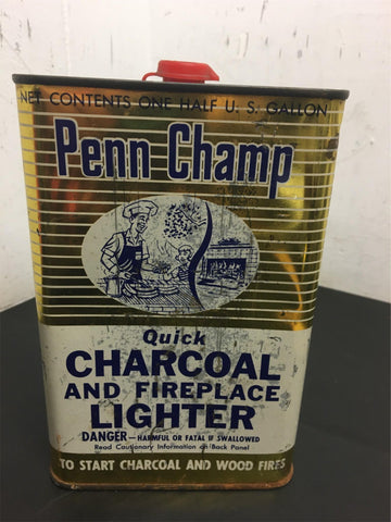 RARE Vintage Penn Champ 1/2 gallon tin can charcoal and Fireplace lighter fluid