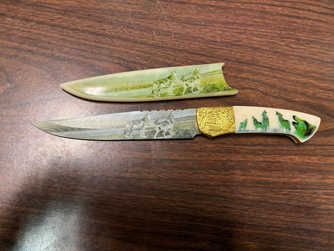 VTG Fixed Blade Howling Wolves Double Design Sheathed Knife 12"