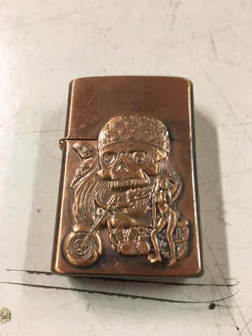 PII KOREA LIGHTER 3D Skull w Bandana Motorcycle & Girl Posing RARE copper look!!