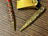 Vtg 1950s Gold Tone Filigree Jeweled Miniature Pencil set w/ pouch accessory