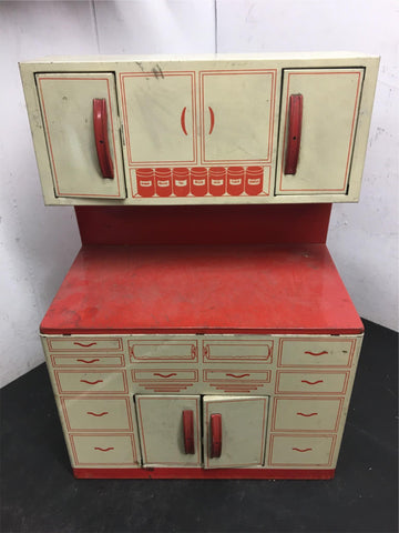 Vintage 50s Wolverine Tin Litho Red & White Kitchen Cabinet Child Lg Toy Playset