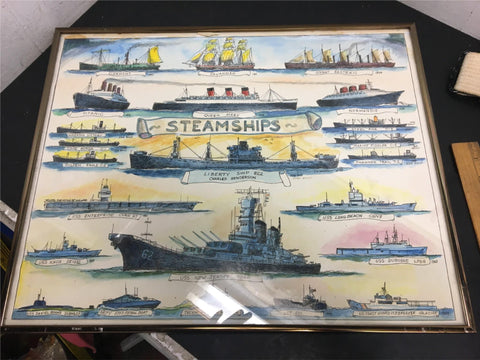 Vintage warships Steamship water painting framed glass liberty ship 16 x  20 WW2