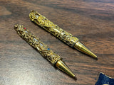 Vtg 1950s Gold Tone Filigree Miniature Jeweled Pencil set w/ pouch accessory