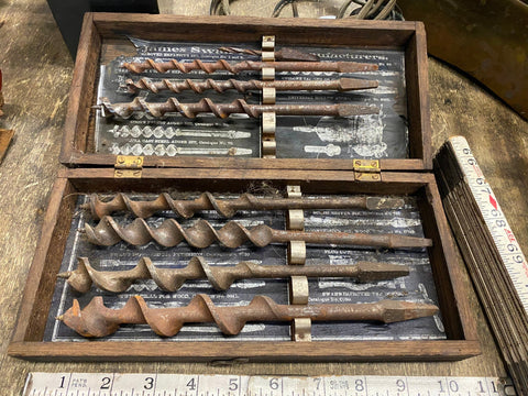 Vtg James Swan Auger Bits Brace Wood Drill Bits 8 Pc Set Original Wood Box USA!