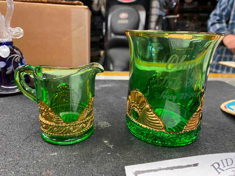 1909 Ohio States Fair Souvenir Glasses Emerald Gold Trim Collectible Antique Gre