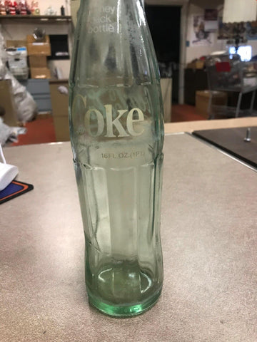 Vtg Coca-Cola Glass Bottle 16 Fl Oz  Embroided Light Green Tint