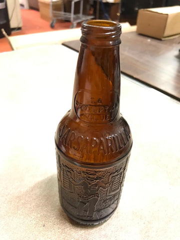 Vtg Brown Amber Glass Soda Bottle Sarsaparilla Sioux City Cowboy picture