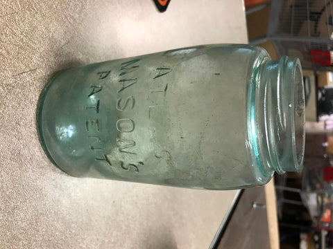 Atlas Mason's Patent Blue Tinted Glass Mason Canning Jar Melting Chipped
