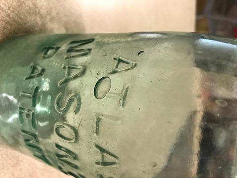 Atlas Mason's Patent Blue Tinted Glass Mason Canning Jar Has Various Bubbles