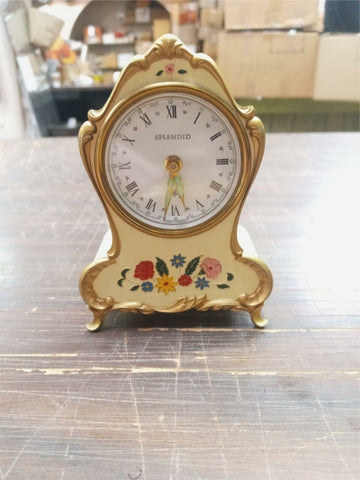 Vintage Splendid Flowered Gold Trim Beige Alarm Desk Clock Musical Germany 1474