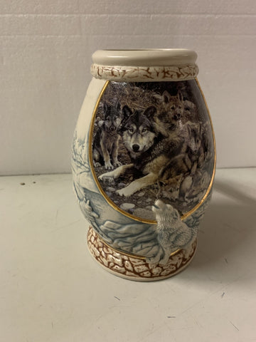 Beautiful Winter Woodland Wolves Beer Stein Ceramic Sculpted Collectible