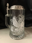 James Meger German Glass Bald Eagle Beer Stein Fine Pewter Eagle Lid 7-1/4”